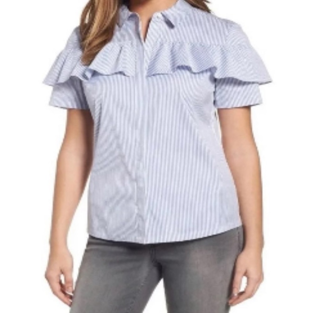 Halogen Striped Hidden Button Up Ruffle Top Size Medium